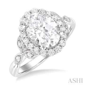 1/3 Ctw Oval Shape Carved Shank Round Cut Diamond Semi-Mount Engagement Ring in 14K White Gold